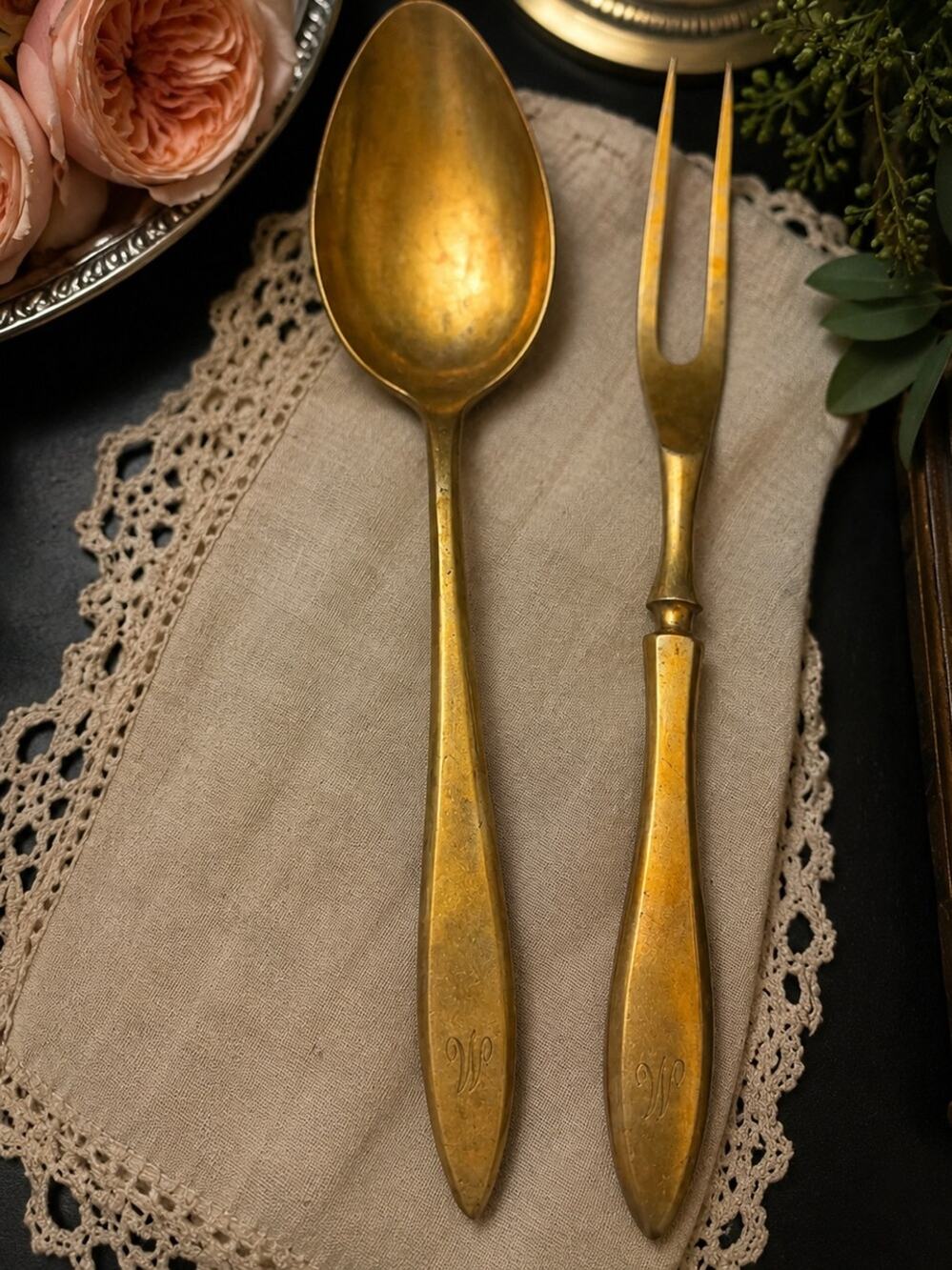 Vintage Dirilyte Gold Serving Set Spoon & Fork MCM Old Money Ralph Lauren Table